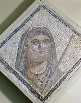 Fragment Prints: Roman mosaic. Fragment. Womans face. From roman villa of la