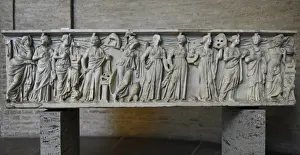 Roman sarcophagus. About 180 AD. Athena, Apollo and the nine