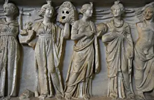 Roman sarcophagus. About 180 AD. Athena, Apollo and the nine