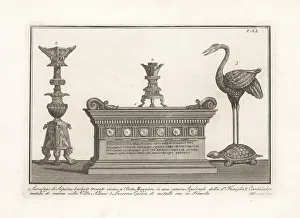 Ancient Egyptians Prints: Roman sarcophagus, candelabra and Egyptian oil lamp