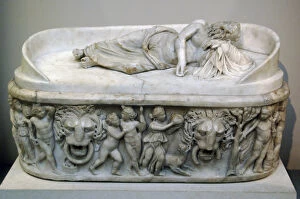 Followers Gallery: Roman sarcophagus of a child decorated with reliefs depictin