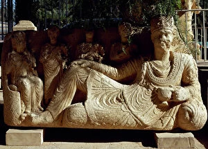 Civilization Collection: Roman sarcophagus showing the dead reclining on a couch. Arc