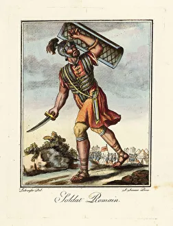 Roman Empire Prints: Roman soldier with scutum and gladius, ancient Rome