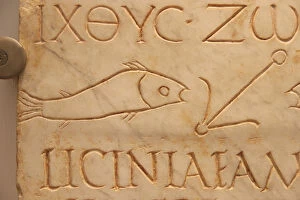 Baths Gallery: Roman tombstone with Christian iconography. Amias Licinia de
