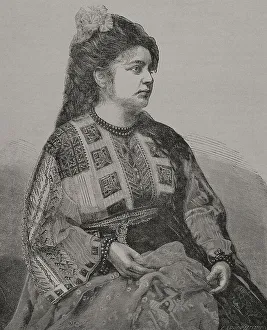 Slav Prints: Romanian woman wearing traditional costume. Engraving