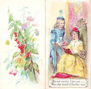 Romantic couple in historical costume on a greetings card