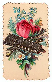 Romantic greetings card with bow and arrow and flowers