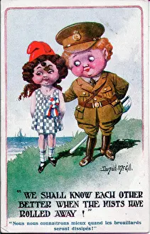 Marianne Prints: Romantic postcard, British boy soldier and French girl at the seaside. Date: 1914-1918