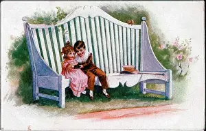 Nash Prints: Romantic postcard, Girl and boy on a garden bench Date: early 20th century