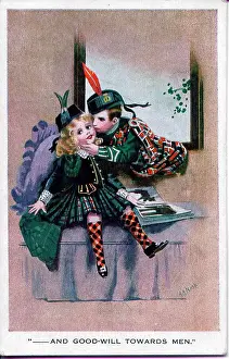 Goodwill Prints: Romantic postcard, Girl and boy in tartan dress - And good-will towards men