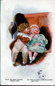 Nash Prints: Romantic postcard, Girl and boy on a wooden bench - Just as the lights went out