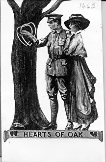 Hearts Prints: Romantic postcard, Hearts of Oak - soldier and girlfriend. Date: 1914-1918