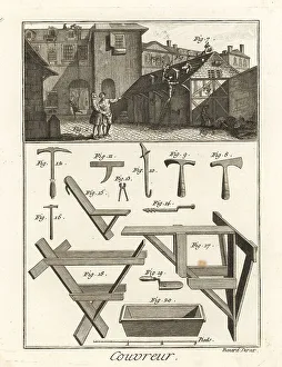Encyclopedie Prints: Roofers working on a building, 18th century