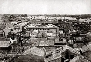 Rooftop view, probably Canton (Guangzhou) China, circa 1880s. Date: circa 1880s