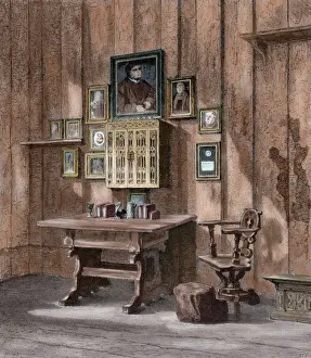 Martin Prints: Room of Martin Luther (1483-1546) at Wartburg. Engraving. Co