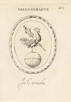 Rooster of Mars, Roman god of war, on a globe