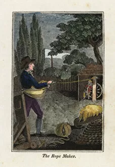 Skilled Collection: Rope maker twisting rope yarns together on a rope walk