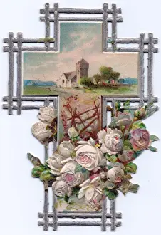 Buds Prints: Roses and a church on a cross-shaped greetings card