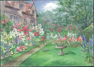Pressland Prints: Roses & Lillies'. Garden with lawn, flower borders and house