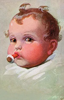 Rosy Prints: Rosy-cheeked infant sucking on a dummy