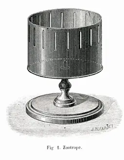 Devices Prints: A rotating zootrope : the image seen through the slits as the drum spins give the illusion of movement