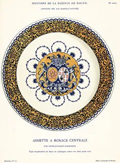 Crockery Prints: Round plate with coat of arms in central rosette, Rouen