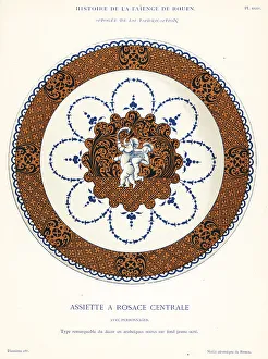 Crockery Prints: Round plate with cupids in central rosette, Rouen