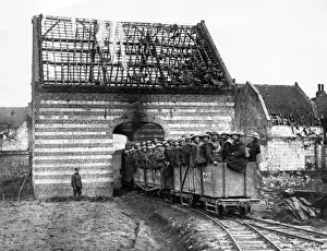 Brick Work Prints: Royal Engineers working party in trucks, Arras, France, WW1