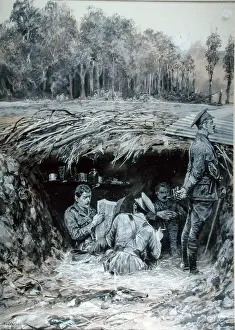 Woodville Prints: Royal Field Artillery Officers relaxing in a dug-out