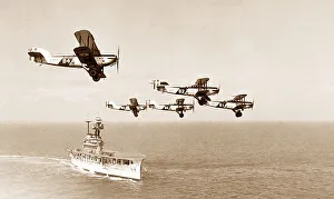 Biplanes Prints: Royal Navy aircraft carrier and biplanes