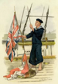Images Dated 17th March 2017: Royal Navy sailor with Union Jack and Red Ensign flags