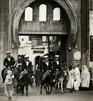 Moorish Prints: Royal Navy sailors riding on donkeys, Tangier, Morocco