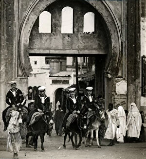 Moorish Collection: Royal Navy sailors riding on donkeys, Tangier, Morocco