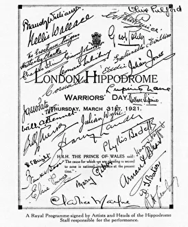 Images Dated 14th July 2021: A royal programme signed by performers and management at the London Hippodromes Warriors