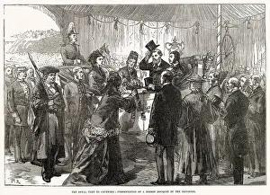 Royal visit by Prince and Princess of Wales (later King Edward VII and Queen Alexandra) to Mr. Joseph Gillott, steel pens manufacture in West Midlands, Birmingham. Presentation of a ribbon bouquet by the Mayoress. Date: 1874