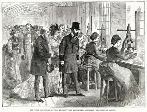 Royal visit by Prince and Princess of Wales (later King Edward VII and Queen Alexandra) to Mr. Joseph Gillott, steel pens manufacture in West Midlands, Birmingham. Been show the process of slitting. Date: 1874
