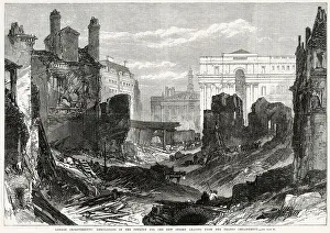 Ruins of some buildings demolished in the Poultry area of London, to make way for a new street leading to the Thames Embankment. Date: 1869