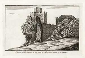 Outcrop Prints: Ruins of Rochemaure castle on an outcrop of basalt prisms, 18th