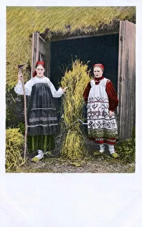 Sheaf Collection: Two Rural Russian Country Girls pose with a sheaf of corn