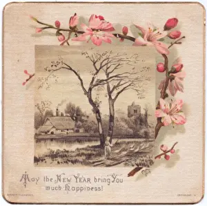 Buds Prints: Rural scene with church on a fabric New Year card