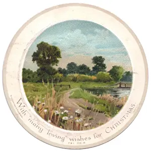 Rural scene on a circular Christmas card