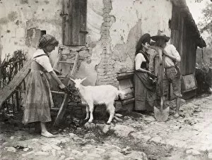 Rural scene, Italy - young amorous couple, girl feeding goat