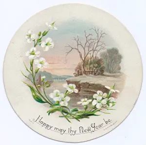 Waterside Prints: Rural scene with white flowers on a circular New Year card