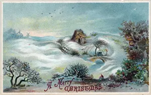 Rural snow scene on a Christmas card