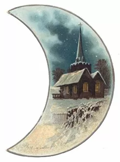 Victorian and Edwardian Christmas Cards Gallery: Rural snow scene with church on a Christmas card