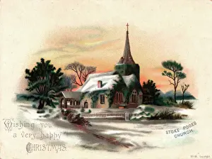 Rural snow scene with church on a Christmas card