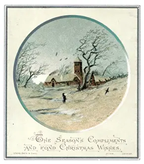 Rural snow scene with church on a Christmas card