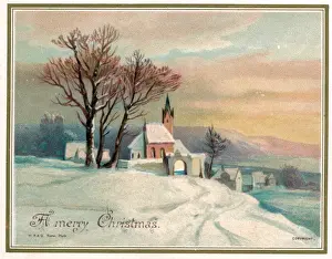 Rural snow scene with church on a Christmas card
