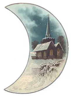 Rural snow scene with church on a Christmas card