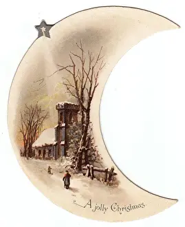 Rural snow scene with church on a Christmas card